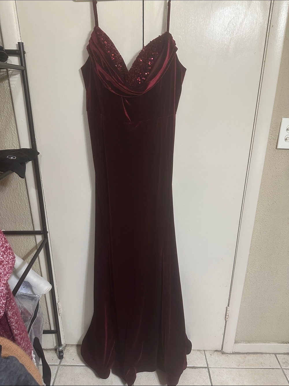 Elegant Burgundy Velvet Sequin Cowl Maxi Dress